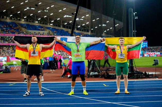 BIRMINGHAM, GREAT BRITAIN - AUGUST 13, 2026 : First place in the discus throw for Kristjan CEH (SLO Slovenia), second place for Martynas ALEKNA (LTU Lithuania Lithuania Lithuania) and third place for Henrik JANSSEN (GER Germany) during the European Athletics Championships at Alexander Stadium on August 13, 2026 in Birmingham, Great Britain. Great Britain Copyright: xLeahxKohringx