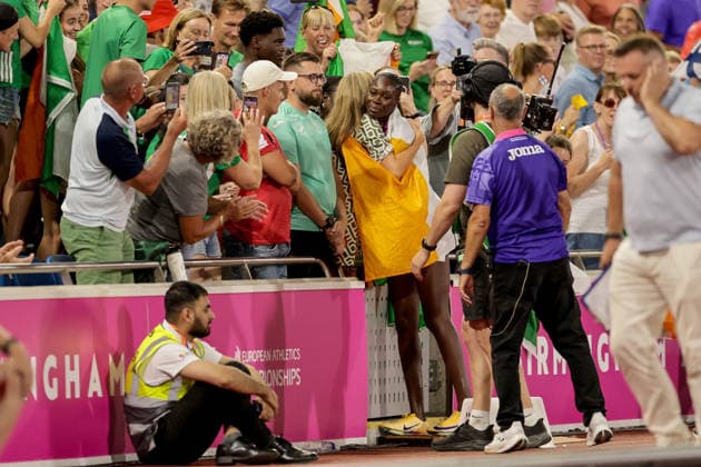 2026 European Athletics Championships, Alexander Stadium, Birmingham, England 13 8 2026 Women™s 200m Final Ireland™s Rhasidat Adeleke celebrates with friends and family after winning a silver medal Rhasidat Adeleke celebrates with friends and family after winning a silver medal 13 8 2026  Copyright: xx 0U6A2605