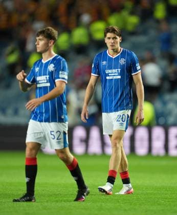 Findlay Curtis of Rangers & Ryan Naderi at full-time. Final score Rangers 1 Jagiellonia Bialystok 1 (Agg.2-3). Rangers v Jagiellonia Bialystok, UEFA Europa League, 3rd Qualifying Round, Second Leg, Football, Ibrox Stadium, Glasgow, Scotland, UK - 13 Aug 2026Glasgow Ibrox Stadium Scotland United Kingdom  Copyright: xStuartxWallace Shutterstockx 17069359bw