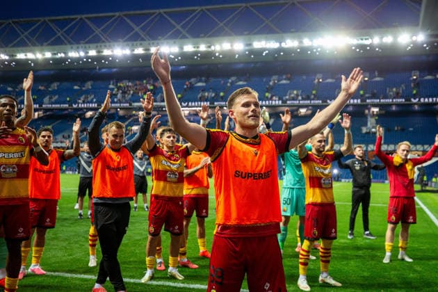 RECORD DATE NOT STATED 12th August 2026; Ibrox Stadium, Glasgow, Scotland; UEFA Europa League Qualifier Football, Rangers versus Jagiellonia Bialystok; Nik Prelec of Jagiellonia Bialystok leads the celebrations VagelisxGeorgariou