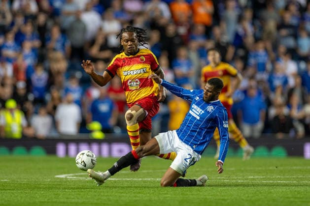 RECORD DATE NOT STATED 12th August 2026; Ibrox Stadium, Glasgow, Scotland; UEFA Europa League Qualifier Football, Rangers versus Jagiellonia Bialystok; Dujon Sterling of Rangers slides in to tackle Jeremy Agbonifo of Jagiellonia Bialystok VagelisxGeorgariou