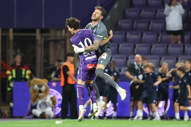 13.August.2026 - SOCCER - 2026 27 UEFA Conference League, Third Qualifying Round, 2nd Leg, FK Austria Wien vs Beitar Jerusalem Sanel Saljic (Austria Wien) and Samuel Radlinger (Austria Wien) celebrates victory after the match Vienna Franz-Horr-Stadion (Generali-Arena) Vienna Austria Copyright: xYigitxOermex xPsxImagesxYigitxOermex xPsxImagesx