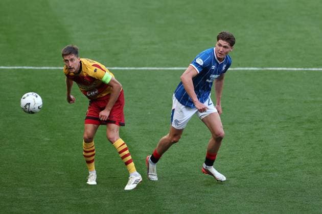 Taras Romanczuk of Jagiellonia Bialystok jumps with Ryan Naderi of Rangers during the Europa League qualifying match at Ibrox Stadium, Glasgow. Rangers v Jagiellonia Bialystok - UEFA Europa League 3rd Round Qualifying - Ibrox Stadium, Glasgow, Lanarkshire, Scotland, UK - 13 Aug 2026Glasgow Ibrox Lanarkshire United Kingdom EDITORIAL USE ONLY  Copyright: xO Rourke RangersxFC Shutterstockx 17070075bp