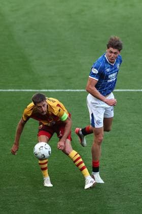 Taras Romanczuk of Jagiellonia Bialystok jumps with Ryan Naderi of Rangers during the Europa League qualifying match at Ibrox Stadium, Glasgow. Rangers v Jagiellonia Bialystok - UEFA Europa League 3rd Round Qualifying - Ibrox Stadium, Glasgow, Lanarkshire, Scotland, UK - 13 Aug 2026Glasgow Ibrox Lanarkshire United Kingdom EDITORIAL USE ONLY  Copyright: xO Rourke RangersxFC Shutterstockx 17070075br