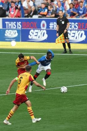 Djeidi Gassama of Rangers battles for the ball with Rodrigo Conceicao of Jagiellonia Bialystok during the Europa League qualifying match at Ibrox Stadium, Glasgow. Rangers v Jagiellonia Bialystok - UEFA Europa League 3rd Round Qualifying - Ibrox Stadium, Glasgow, Lanarkshire, Scotland, UK - 13 Aug 2026Glasgow Ibrox Lanarkshire United Kingdom EDITORIAL USE ONLY  Copyright: xO Rourke RangersxFC Shutterstockx 17070075cj