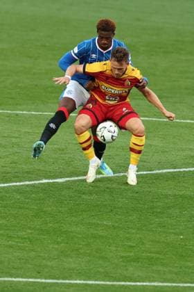 Emmanuel Fernandez of Rangers and Nik Prelec of Jagiellonia Bialystok during the Europa League qualifying match at Ibrox Stadium, Glasgow. Rangers v Jagiellonia Bialystok - UEFA Europa League 3rd Round Qualifying - Ibrox Stadium, Glasgow, Lanarkshire, Scotland, UK - 13 Aug 2026Glasgow Ibrox Lanarkshire United Kingdom EDITORIAL USE ONLY  Copyright: xO Rourke RangersxFC Shutterstockx 17070075cs