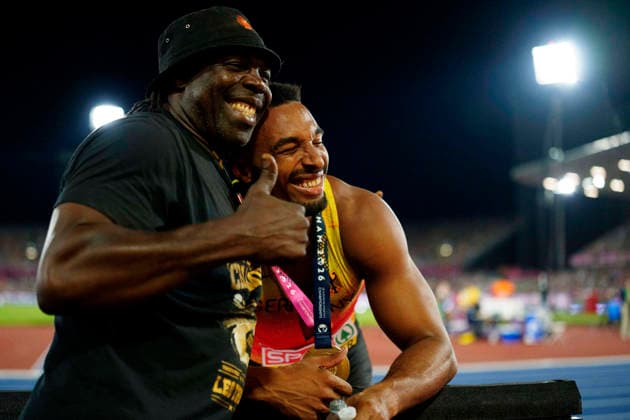 BIRMINGHAM, GREAT BRITAIN - AUGUST 13, 2026 : European champion of the decathlon: Leo NEUGEBAUER (GER Germany) with his dad during the European Athletics Championships at Alexander Stadium on August 13, 2026 in Birmingham, Great Britain. Great Britain Copyright: xLeahxKohringx