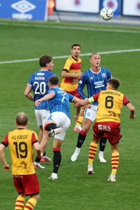 Thelo Aasgaard looks on at Rangers captain Lawrence Shankland jumps with Taras Romanczuk of Jagiellonia Bialystok during the Europa League qualifying match at Ibrox Stadium, Glasgow. Rangers v Jagiellonia Bialystok - UEFA Europa League 3rd Round Qualifying - Ibrox Stadium, Glasgow, Lanarkshire, Scotland, UK - 13 Aug 2026Glasgow Ibrox Lanarkshire United Kingdom EDITORIAL USE ONLY  Copyright: xO Rourke RangersxFC Shutterstockx 17070075cw