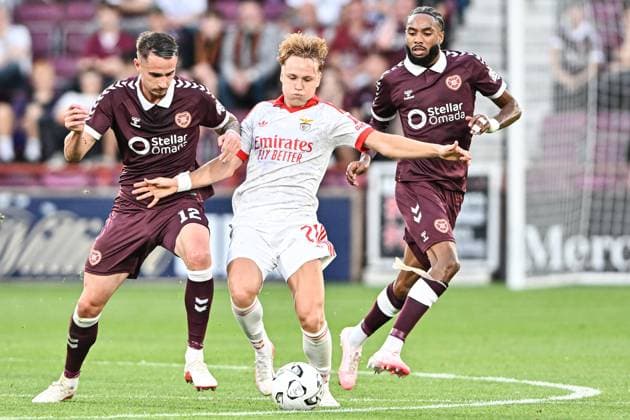 Heart of Midlothian v Benfica UEFA Europa League Tom Renaud and Sabri Guendouz of Heart of Midlothian and Andreas Schjelderup of Benfica during the UEFA Europa League Third Qualifying Round Second Leg match at Tynecastle Park, Edinburgh 13 08 2026 UK Newspapers OUT Copyright: xJamiexJohnstonx FIL-23768-0156