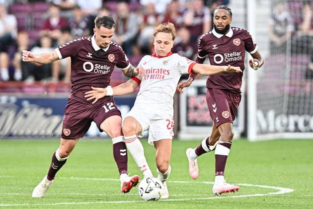 Heart of Midlothian v Benfica UEFA Europa League Tom Renaud and Sabri Guendouz of Heart of Midlothian and Andreas Schjelderup of Benfica during the UEFA Europa League Third Qualifying Round Second Leg match at Tynecastle Park, Edinburgh 13 08 2026 UK Newspapers OUT Copyright: xJamiexJohnstonx FIL-23768-0157