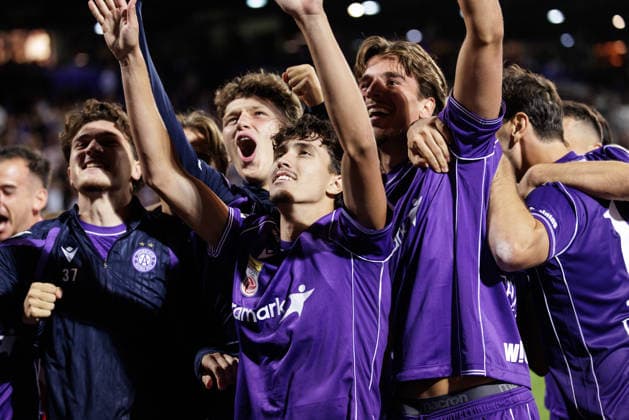 SOCCER - UEFA ECL, A.Wien vs Beita VIENNA,AUSTRIA,13.AUG.26 - SOCCER - UEFA Conference League, qualification, FK Austria Wien vs Beitar Jerusalem. Image shows the rejoicing of A.Wien with Sanel Saljic (A.Wien).  GEPAxpictures xArminxRauthner