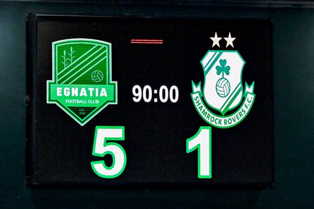 UEFA Europa League Third Qualifying Round Second Leg, Egnatia Arena, Albania 13 8 2026 KF Egnatia vs Shamrock Rovers A view of the scoreboard after the match A view of the scoreboard after the match 13 8 2026  Copyright: xInphox DSC_2074