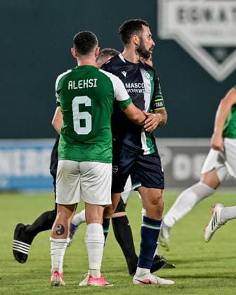 UEFA Europa League Third Qualifying Round Second Leg, Egnatia Arena, Albania 13 8 2026 KF Egnatia vs Shamrock Rovers Shamrock Rovers Roberto Lopes and Egnatia™s Albano Aleksi shake hands after the match Roberto Lopes and Albano Aleksi shake hands after the match 13 8 2026  Copyright: xInphox DSC_2088