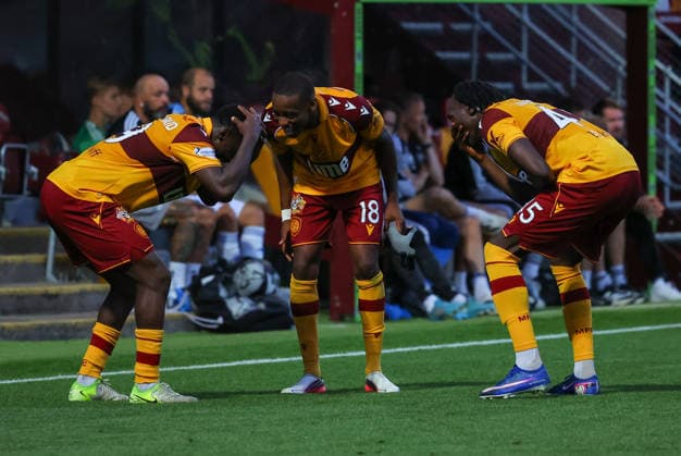 UK: Motherwell v HJK, UEFA Conference League Qualifier at Fir Park in Glasgow, Scotland on 13 August 2026 Ibrahim Said celebrates with team mates after openning the scoring during Motherwell v HJK, UEFA Conference League Qualifier , 13 August 2026 (c) John Murray SportPix Sipa USA Glasgow Fir Park Motherwell Scotland Copyright: xJohnxMurrayx