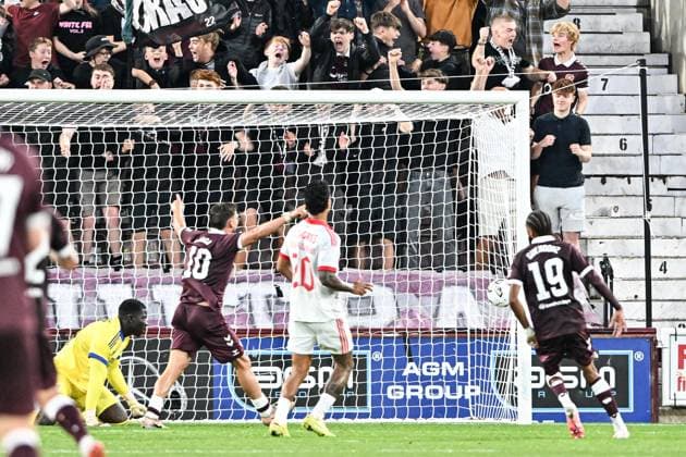 Heart of Midlothian v Benfica UEFA Europa League Calvin Miller of Heart of Midlothian scores his sides first goal of the match before it is then ruled offside by VAR during the UEFA Europa League Third Qualifying Round Second Leg match at Tynecastle Park, Edinburgh 13 08 2026 UK Newspapers OUT Copyright: xJamiexJohnstonx FIL-23768-0201