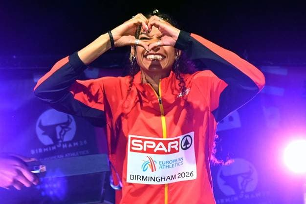 Belgian Saliyya Guisse celebrates on the podium of the women s triple jump event at the European Athletics Championships (August 10-18) in Birmingham, United Kingdom, on Thursday 13 August 2026. ERICxLALMAND  x183327190x