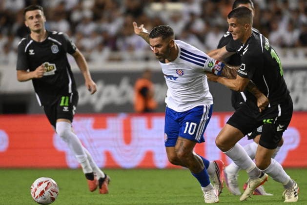 Croatia, Split, 130826. Poljud Stadium. Second match of the 3rd qualifying round of the Conference Ligue, Hajduk - Zalgiris. In the photo: Marko Livaja, Petar Bosancic. Photo: Tom Dubravec CROPIX Split CROATIA Copyright: xxTomxDubravecx hajduk_zalgiris73-130826