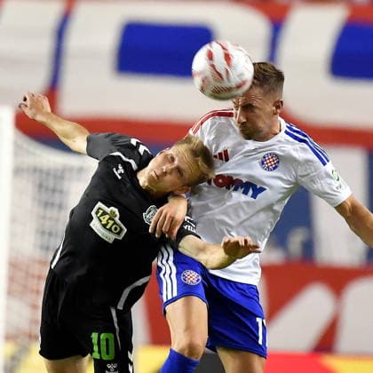 Croatia, Split, 130826. Poljud Stadium. Second match of the 3rd qualifying round of the Conference Ligue, Hajduk - Zalgiris. In the photo: Paulius Golubickas, Dario Melnjak. Photo: Josko Ponos CROPIX Split CROATIA Copyright: xxJoskoxPonosx hajduk_zalgiris80-130826