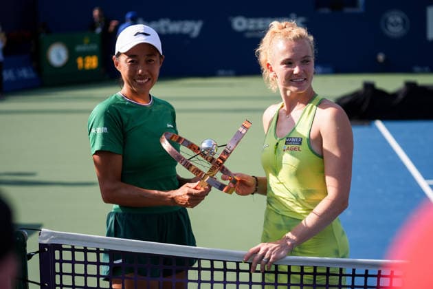 National Bank Open 2026 - Women s Doubles Final TORONTO, CANADA - AUGUST 13 : Katerina Siniakova of Czech Republic (R) and Zhang Shuai of China (L) celebrate with the trophy after winning the women’s doubles final match against Sara Errani of Italy and Nicole Melichar-Martinez of the United States during day 13 of WTA, Tennis Damen 1000 National Bank Open in Toronto, Ontario, Canada on August 13, 2026. Mert Alper Dervis Anadolu Ontario Canada. Editorial use only. Please get in touch for any other usage.  Copyright: x2026xAnadoluxMertxAlperxDervisx