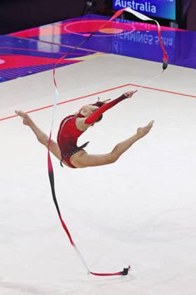 Deutsche Rhythmische Sportgymnastin Lada Pusch (GER) bei Ihrem Heimspiel in der Mehrkampfqualifikation bei der Bandübung, Band , Weltmeisterschaften der Rhythmischen Sportgymnastik Frankfurt, 42nd Rhythmic gymnastics, Rhythmische Sportgymnastik, RSG World Championships, Frankfurt am Main (GER), 12. - 16. AUGUST 2026, Individual Qualifications, Turnen, Rhythmische Sportgymnastik, 13.08.2026, Frankfurt Festhalle Deutschland *** German rhythmic gymnast Lada Pusch (GER) during her home competition in the all-around qualifying round, performing the ribbon routine, ribbon, at the Rhythmic Gymnastics World Championships in Frankfurt, 42nd Rhythmic Gymnastics World Championships, Frankfurt am Main, GER, August 12–16, 2026, Individual Qualifications, Gymnastics, Rhythmic Gymnastics, August 13, 2026, Frankfurt Festhalle, Germany