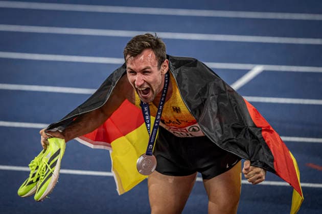 RECORD DATE NOT STATED 13th August 2026; Alexander Stadium, Birmingham, Midlands, England; 2026 European Athletics Championships, Day Four; Niklas Kaul (GER) celebrates winning silver in the mens decathlon GodfreyxPitt