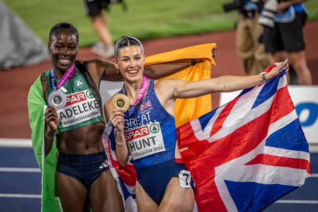 RECORD DATE NOT STATED 13th August 2026; Alexander Stadium, Birmingham, Midlands, England; 2026 European Athletics Championships, Day Four; Amy Hunt (GBR) and Rhasidat Adeleke (IRL) celebrate after finishing first and second in the womens 200m respectively GodfreyxPitt