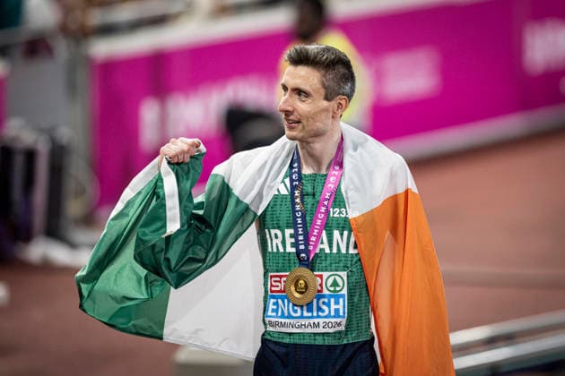 RECORD DATE NOT STATED 13th August 2026; Alexander Stadium, Birmingham, Midlands, England; 2026 European Athletics Championships, Day Four; Mark English (IRL) celebrates winning the mens 800m GodfreyxPitt