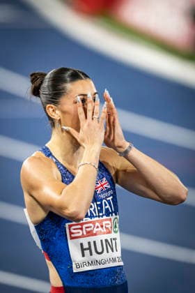 RECORD DATE NOT STATED 13th August 2026; Alexander Stadium, Birmingham, Midlands, England; 2026 European Athletics Championships, Day Four; Amy Hunt (GBR) celebrates winning the womens 200m GodfreyxPitt