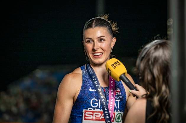 RECORD DATE NOT STATED 13th August 2026; Alexander Stadium, Birmingham, Midlands, England; 2026 European Athletics Championships, Day Four; Amy Hunt (GBR) celebrates winning the womens 200m as she is interviewed by BBC GodfreyxPitt