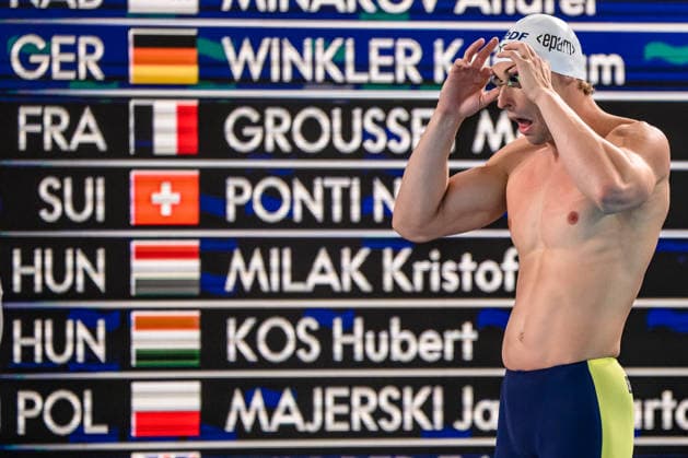 Maxime Grousset of France competes in the swimming 100m Butterfly Men Final during the European Aquatics Championships at the Olympic Aquatic Center in Paris (France), August 13, 2026. Andrea Staccioli