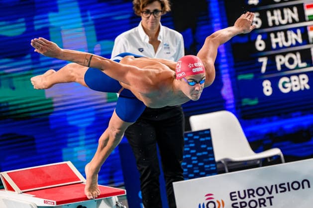 Noe Ponti of Switzerland competes in the swimming 100m Butterfly Men Final of the European Aquatics Championships at the Olympic Aquatic Center in Paris (France), August 13, 2026. Andrea Staccioli