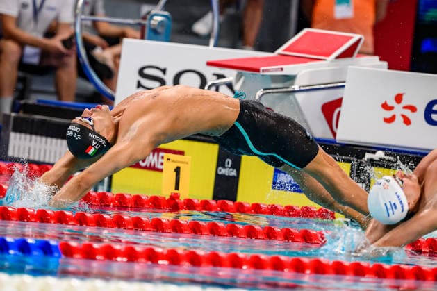 Thomas Ceccon of Italy competes in the swimming 50m Backstroke Men Semifinal during the European Aquatics Championships at the Olympic Aquatic Center in Paris (France), August 13, 2026. Andrea Staccioli