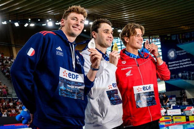 Maxime Grousset of France, silver, Kristof Milak of Hungary, gold and new european record, Noe Ponti of Switzerland, bronze show the medals after competing in the swimming 100m Butterfly Men Final during the European Aquatics Championships at the Olympic Aquatic Center in Paris (France), August 13, 2026. Andrea Staccioli Deepbluemedia Insidefoto