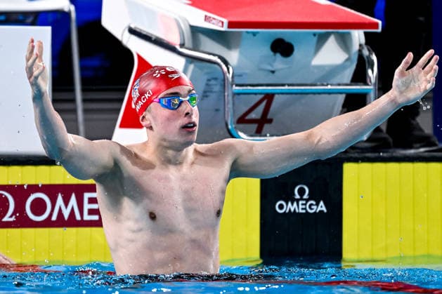 Filip Nowacki of Great Britain celebrates after winning the gold medal in the swimming 200m Breaststroke Men Final during the European Aquatics Championships at the Olympic Aquatic Center in Paris (France), August 13, 2026. Andrea Masini Deepbluemedia Insidefoto