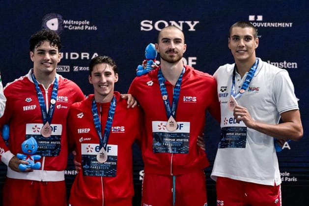 Athletes of team Croatia celebrate after winning the bronze medal in the swimming 4x100m Freestyle Relay Men Final during the European Aquatics Championships at the Olympic Aquatic Center in Paris (France), August 13, 2026. Giorgio Scala DBM - Deepbluemedia Insidefoto