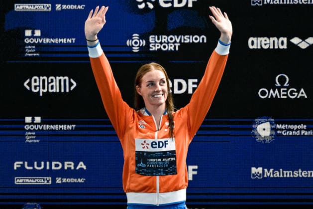 Marrit Steenbergen of Netherlands celebrates after winning the silver medal in the swimming 200m Freestyle Women Final during the European Aquatics Championships at the Olympic Aquatic Center in Paris (France), August 13, 2026. Giorgio Scala DBM - Deepbluemedia Insidefoto