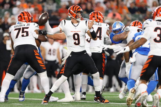 CINCINNATI, OH - AUGUST 13: Cincinnati Bengals quarterback Joe Burrow (9) passes the ball during the game between the Detroit Lions and the Cincinnati Bengals at Paycor Stadium on August 13, 2026 in Cincinnati, OH. (Photo by Ian Johnson Icon Sportswire) NFL, American Football Herren, USA AUG 13 Lions at Bengals EDITORIAL USE ONLY Icon260813004