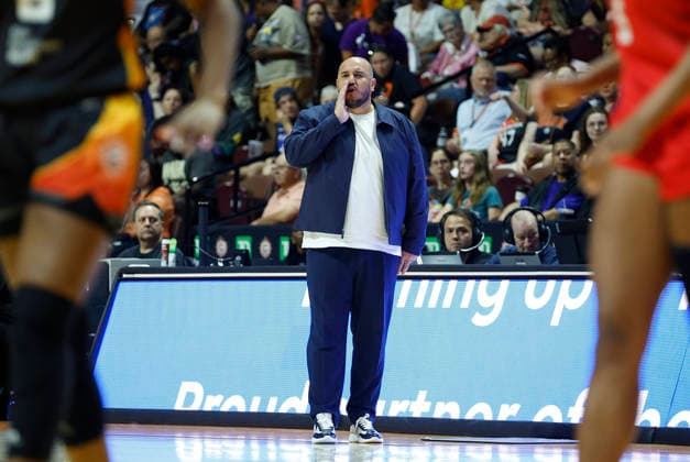 UNCASVILLE, CT - AUGUST 13: Rachid Meziane of the Connecticut Sun reacts during the WNBA, Basketball Damen, USA game between Atlanta Dream and Connecticut Sun on August 13, 2026, at Mohegan Sun Arena in Uncasville, CT. (Photo by M. Anthony Nesmith Icon Sportswire) WNBA: AUG 13 Atlanta Dream at Connecticut Sun EDITORIAL USE ONLY Icon26081305
