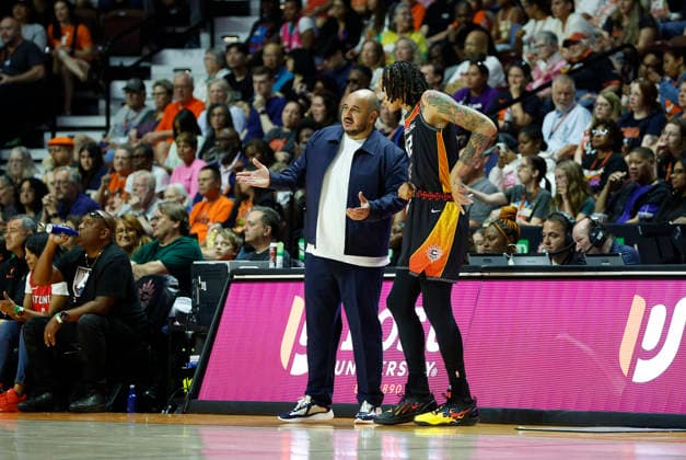 UNCASVILLE, CT - AUGUST 13: Rachid Meziane of the Connecticut Sun speaks with Brittney Griner 42 of the Connecticut Sun during the WNBA, Basketball Damen, USA game between Atlanta Dream and Connecticut Sun on August 13, 2026, at Mohegan Sun Arena in Uncasville, CT. (Photo by M. Anthony Nesmith Icon Sportswire) WNBA: AUG 13 Atlanta Dream at Connecticut Sun EDITORIAL USE ONLY Icon26081314