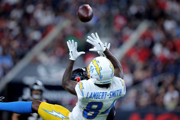 August 13, 2026, Houston, Texas, U.S: Los Angeles Chargers wide receiver Keandre Lambert-Smith (84) attempts to catch a pass against the Houston Texans during the second quarter at Reliant Stadium in Houston, TX on August 13, 2026. NFL, American Football Herren, USA 2026 - Los Angeles Chargers Vs Houston Texans  - ZUMAw137 20260813_aap_w137_027 Copyright: xErikxWilliamsx