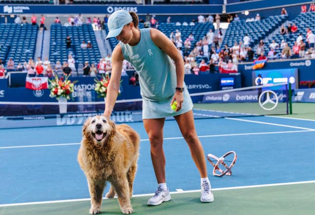 TORONTO, ON - AUGUST 13: Iga Swiatek (POL) pets Elway the dog after the women s singles final at the WTA, Tennis Damen 1000 National Bank Open on August 13, 2026 at Sobeys Stadium in Toronto, ON (Photo by Mathew Tsang Icon Sportswire) TENNIS: AUG 13 National Bank Open EDITORIAL USE ONLY Icon260813022