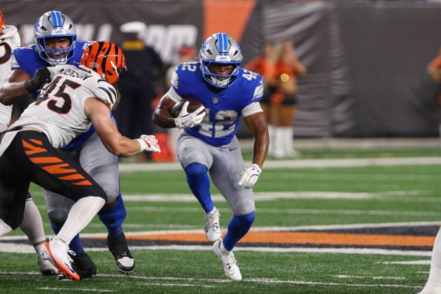 CINCINNATI, OH - AUGUST 13: Detroit Lions running back Raheem Blackshear (42) carries the ball during the game between the Detroit Lions and the Cincinnati Bengals at Paycor Stadium on August 13, 2026 in Cincinnati, OH. (Photo by Ian Johnson Icon Sportswire) NFL, American Football Herren, USA AUG 13 Lions at Bengals EDITORIAL USE ONLY Icon260813030