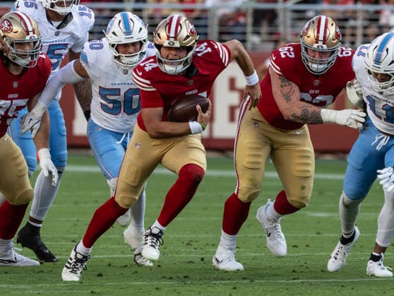 San Francisco 49ers quarterback Kurtis Rourke (14) scrambles against the Tennessee Titans in the first quarter of preseason play at Levi s Stadium in Santa Clara, California on Thursday, August 13,, 2026.  SXP2026081307 TERRYxSCHMITT