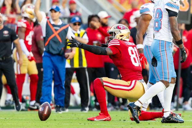 SANTA CLARA, CA - AUGUST 13: Malik Turner 81 of the San Francisco 49ers celebrates a first down during a preseason NFL, American Football Herren, USA game against the Tennessee Titans on August 13, 2026 at Levi s Stadium in Santa Clara, CA. (Photo by Matthew Huang Icon Sportswire) NFL: AUG 13 Titans at 49ers EDITORIAL USE ONLY Icon260813008