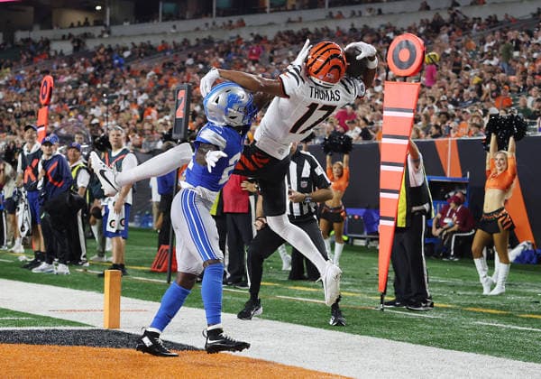 CINCINNATI, OH - AUGUST 13: Wide receiver Noah Thomas 17 of the Cincinnati Bengals attempt to catch a pass in a preseason game between the Detroit Lions and the Cincinnati Bengals on August 13, 2026, at Paycor Stadium in Cincinnati, OH. (Photo by Jeff Moreland Icon Sportswire) NFL, American Football Herren, USA AUG 13 Lions at Bengals EDITORIAL USE ONLY Icon168260813030