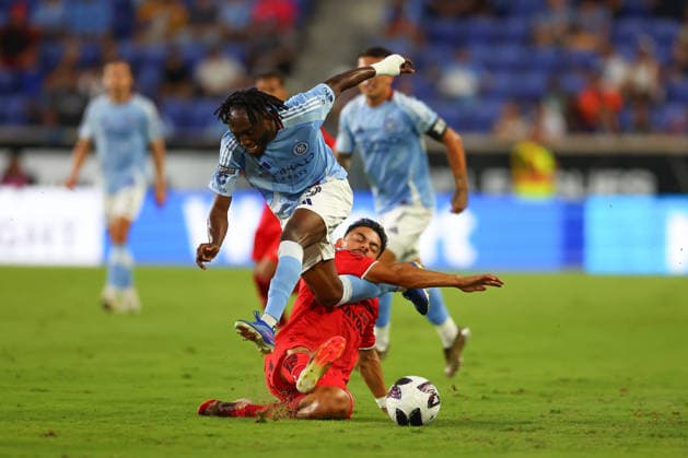 HARRISON, NJ - AUGUST 13: Benie Traore 9 of the New York City Football Club battles Ricardo Monreal 30 of Necaxa during the first half of the Leagues Cup match on August 13, 2026 at Sports Illustrated Stadium in Harrison, New Jersey. (Photo by Rich Graessle Icon Sportswire) SOCCER: AUG 14 Leagues Cup Necaxa vs New York City EDITORIAL USE ONLY Icon26081330459