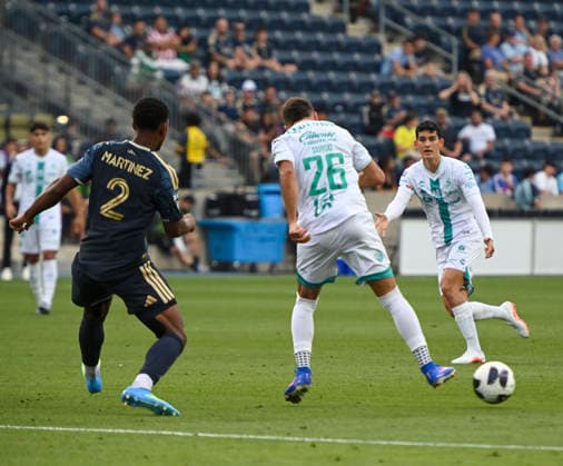 August 13, 2026, Chester, Pennsylvania, United States: Santos Laguna player, RAMIRO SORDO (26) in action against Philadelphia Union player, GEINER MARTINEZ (2) during the Leagues Cup match at Subaru Park in Chester PA Chester United States - ZUMArf1_ 20260813_zaf_rf1_001 Copyright: xRickyxFitchettx
