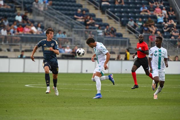 August 13, 2026, Chester, Pennsylvania, United States: Santos Laguna player, RAMIRO SORDO (26) in action against Philadelphia Union player, BEN BENDER (16) during the Leagues Cup match at Subaru Park in Chester PA Chester United States - ZUMArf1_ 20260813_zaf_rf1_003 Copyright: xRickyxFitchettx