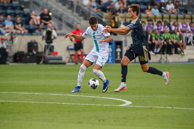August 13, 2026, Chester, Pennsylvania, United States: Santos Laguna player, RAMIRO SORDO (26) in action against Philadelphia Union player, BEN BENDER (16) during the Leagues Cup match at Subaru Park in Chester PA Chester United States - ZUMArf1_ 20260813_zaf_rf1_004 Copyright: xRickyxFitchettx