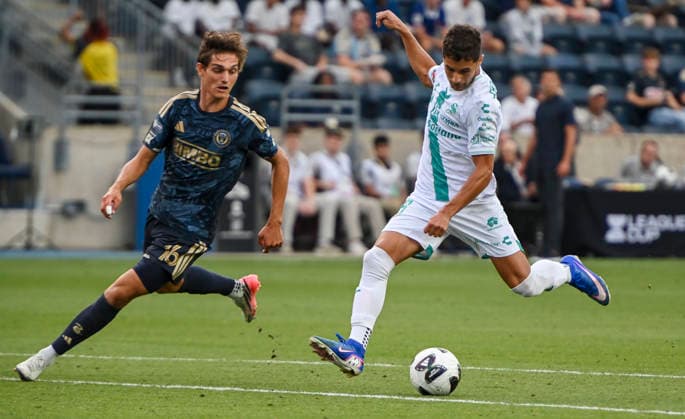 August 13, 2026, Chester, Pennsylvania, United States: Santos Laguna player, RAMIRO SORDO (26) in action against Philadelphia Union player, BEN BENDER (16) during the Leagues Cup match at Subaru Park in Chester PA Chester United States - ZUMArf1_ 20260813_zaf_rf1_008 Copyright: xRickyxFitchettx